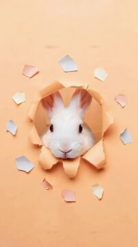 Adorable White Rabbit Peeking Through Torn Paper with Colorful Shreds All Around, Infusing a Playful and Whimsical Touch into a Bright Orange Background
