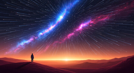 Fototapeta premium Silhouette of a figure stands in desert landscape under a colorful starfall, representing wonder, exploration, and contemplation of the vast universe