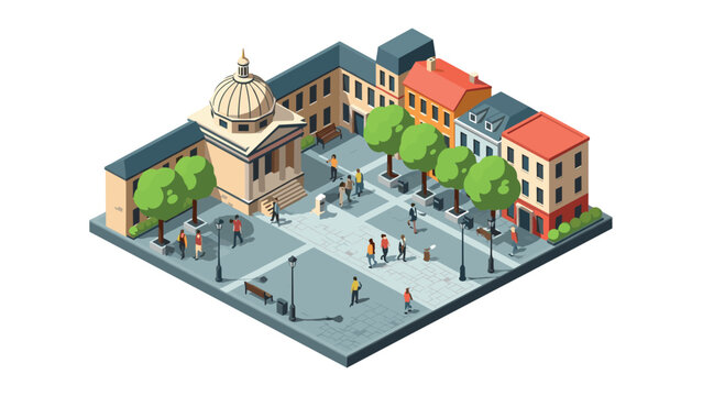 Charming isometric cityscape with buildings and people in a vibrant urban plaza