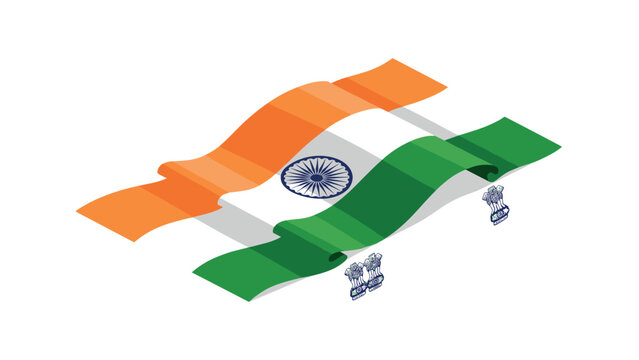 Elegant isometric indian flag with ashoka and sarnath symbols in motion