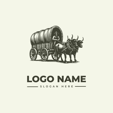 Vintage engraving of a person riding a covered wagon pulled by two oxen with a logo name and slogan on a clean white background.