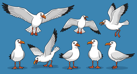 Obraz premium Collection of white seagulls in various poses on blue background