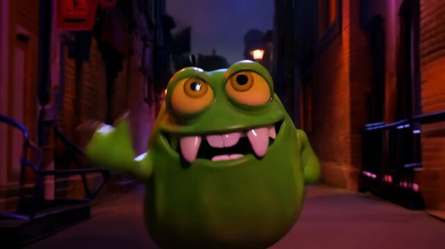 Green vampire blob animated character running through city at night