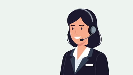 A smiling woman with a headset, wearing a dark suit