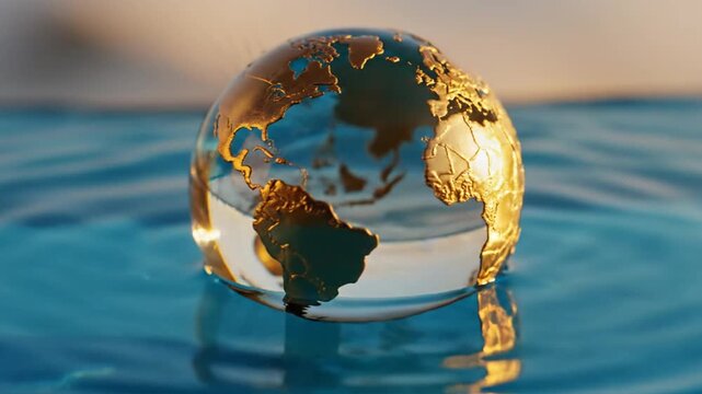 Crystal earth globe with golden map on rippled blue water