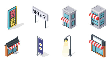 Isometric cityscape with korean architecture and modern buildings