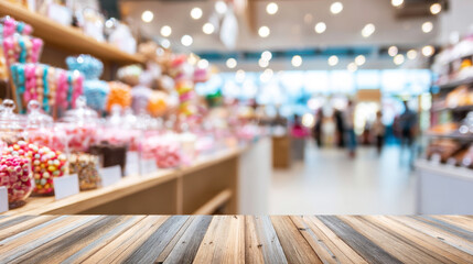 Fototapeta premium Wooden table surface with an inviting blurred background of a vibrant candy store, showcasing a variety of colorful sweets and treats