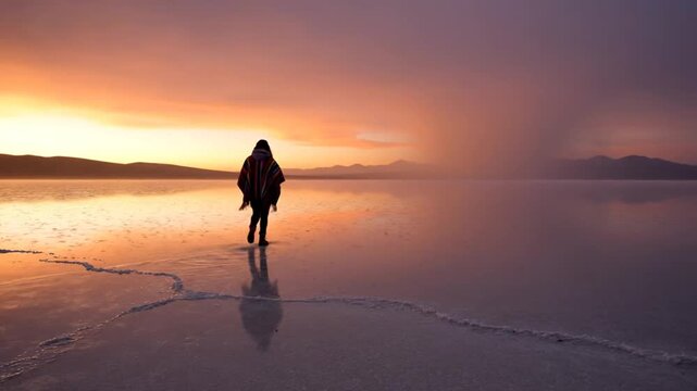 Person walking across reflective salt flat at sunrise, poncho silhouette, serene natural landscape, vibrant sky, peaceful motion