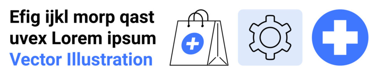 Obraz premium Shopping bag with healthcare cross, gear icon, and medical cross symbol. Ideal for e-commerce, healthcare, online services, medical apps, settings, customer care simple landing page