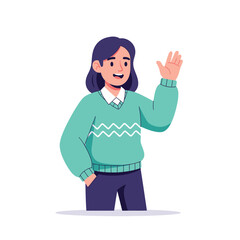 Fototapeta premium A smiling woman waves her hand in greeting while standing casually with one hand in her pocket wearing a green sweater.