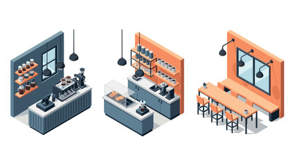 Isometric coffee shop interior with modern decor and equipment