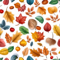 Fototapeta premium Colorful autumn leaves and berries pattern on white background