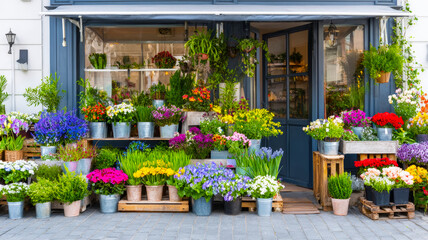 Naklejka na ściany i meble Flower shop facade displaying colorful potted plants and blooming flowers outside on a charming urban sidewalk