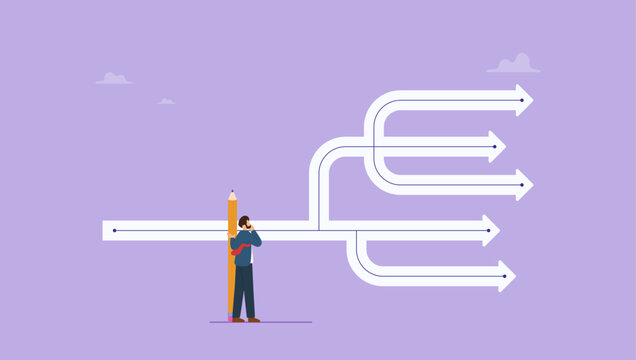 Businessman with pencil looking at possible ways. Planning backup or options concept, Various solutions and options as successful preparation for future risks.