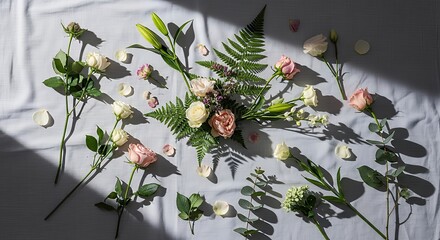 Elegant Flower Arrangement with Roses and Ferns on Light Background