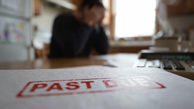 Stressed Man with Bills and Past Due Notice