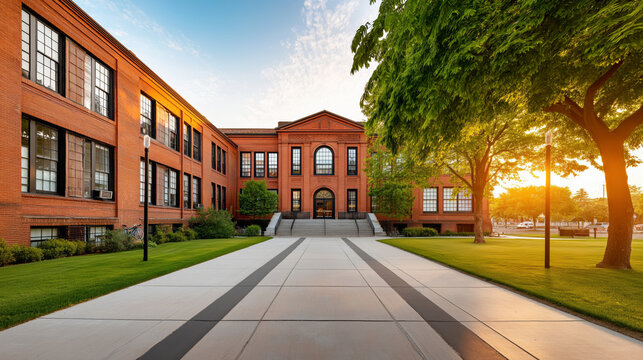 Wide angle view of a modern red brick university campus building with green lawn and pathway at sunset. Academic architecture with copy space ideal for education, enrollment