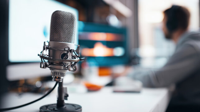 Podcast microphone in studio, creator recording audio for online broadcast, new media content