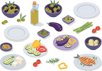 A vibrant isometric collection of fresh ingredients and prepared dishes, showcasing a healthy and delicious meal