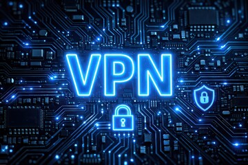 Glowing VPN text over futuristic circuit board with padlock and shield icons, symbolizing encrypted private network connectivity and cybersecurity protection