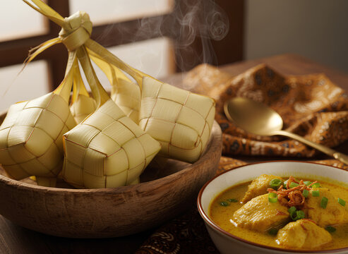A high-quality, close-up shot of traditional Indonesian Ketupat, which are rice cakes packed inside a diamond-shaped container of woven palm leaf (janur). This iconic dish is traditionally served duri