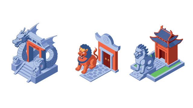 Isometric asian temple guardians and pagodas: mythical dragon and lion statues