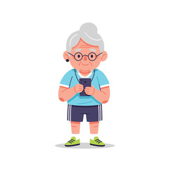 Obraz premium An elderly woman wearing glasses and earbuds uses a smartphone while standing.