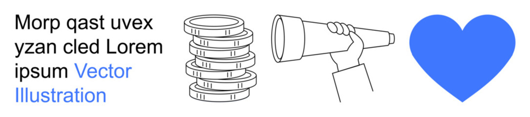Financial growth, business strategy, leadership vision, savings concept, exploration, compassion. Stacked coins, hand with telescope blue heart symbol. Financial growth and business strategy concept