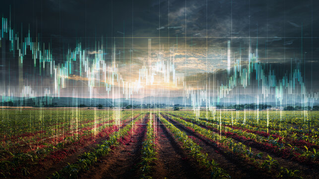 Agricultural economy analyzing financial charts displaying crop market trends, investment data, and commodity prices over farmland