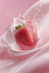 a fresh ripe strawberry suspended mid-air, softly wrapped by a gentle flow of pale pink strawberry yogurt,