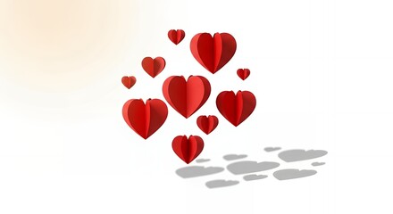 Floating Red 3d Hearts with Shadows on White Background