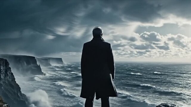 Solitary Figures on Windy Cliffside Facing Turbulent Ocean Under Dramatic Storm Clouds