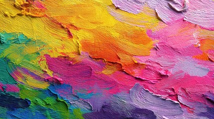 Colorful Impressionism: A close-up view unveils the captivating textures and vibrant hues of an abstract painting. It is filled with bold strokes, brushwork.