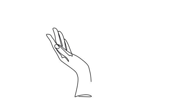 Animated self drawing of continuous line draw Hand holding plant with leaf.  Sprout tree and gardening symbol in simple linear style. Organic farm concept. Full length one line animation. 4K