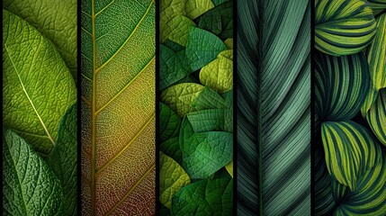 Variety of Green Leaf Textures: A vibrant display of diverse green leaves, showcasing an array of natural textures and intricate details.