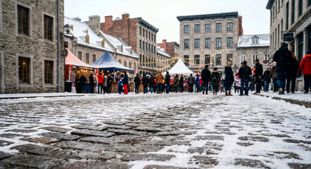 Snowy street scene with people attending winter sports events festival  