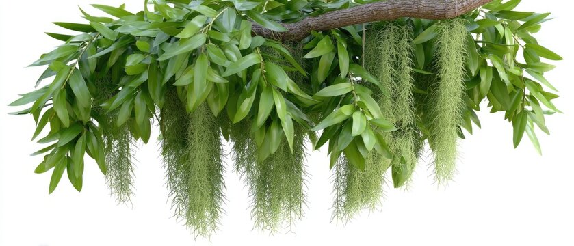 Spanish moss hangs from a tree branch against a white background in high-resolution format