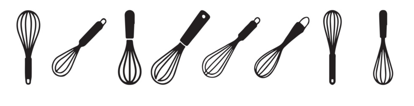 A collection of five whisks in black and white outline vector style, ideal for culinary and cooking. A simple depicting two black kitchen whisks against a white background, vector illustration.