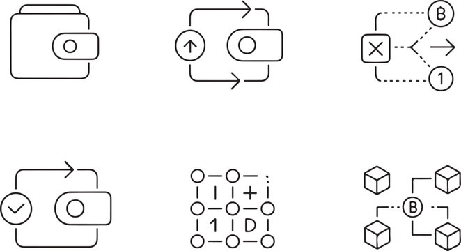 Digital Wallet and Blockchain Icons Set, Cryptocurrency Transaction Outline Vectors