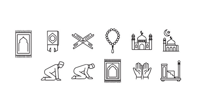 Islamic Prayer Icons Set: Prayer Mat, Quran, Rosary, Mosque, Praying Man, Hands, Minbar