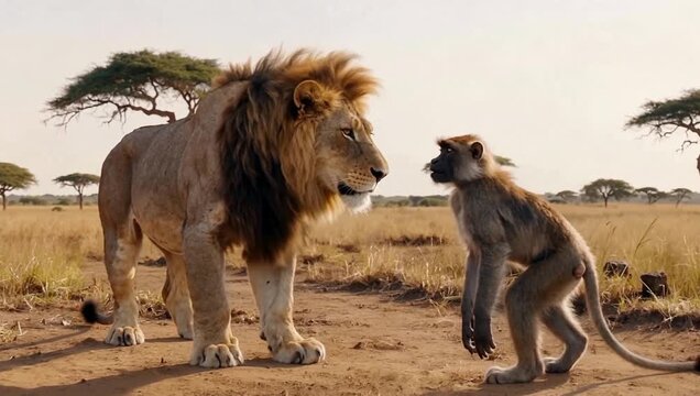 A majestic lion standing alert in the savanna while a curious baboon observes nearby, a natural wildlife encounter on the vibrant African plains.
