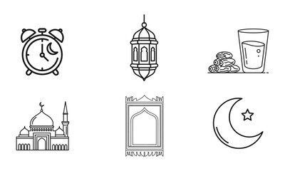 Ramadan Kareem and Islamic religious line icon set for holy month
