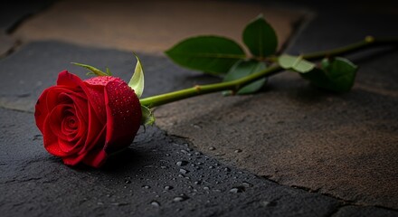 Red Rose with Dew Drops on Dark Slate Surface