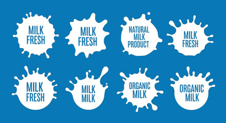 Flat lay of milk labels with various organic and natural product designs on a blue background