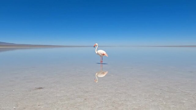 Cinematic salt flat landscape featuring lonely pink flamingo standing in shallow water reflecting blue sky during bright sunny day