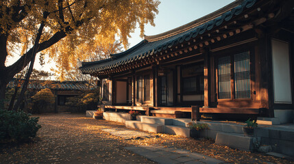 Obraz premium A peaceful view of a traditional Korean Hanok house nestled among golden autumn trees, with warm afternoon sunlight casting long shadows over the tiled roof and stone path.