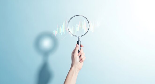 A hand holding a magnifying glass with a shadow on a blue and white background
