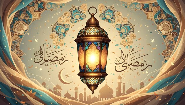 Elegant Ramadan lantern illustration with Islamic ornaments, Arabic calligraphy, crescent moon, and mosque silhouettes. Festive Eid Mubarak background in warm golden tones.