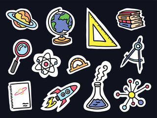 A collection of hand-drawn stickers themed around school science lessons. This vector sticker set features educational elements such as planets, atoms, rockets, and science symbols,  © Doodlerz