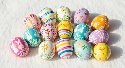 Easter eggs decorated with various patterns and colors arranged on a white textured surface viewed from directly above